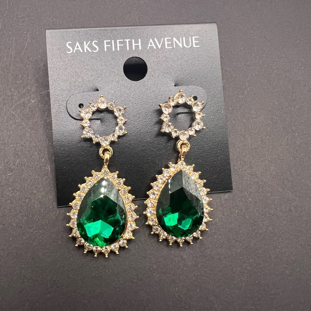 Saks Fifth Avenue Emerald and Gold Teardrop Earrings